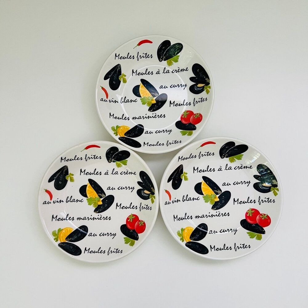QUADRIFOGLIO White Ceramic Moules (Mussels) Text Graphic Pasta Bowls, Set of 3